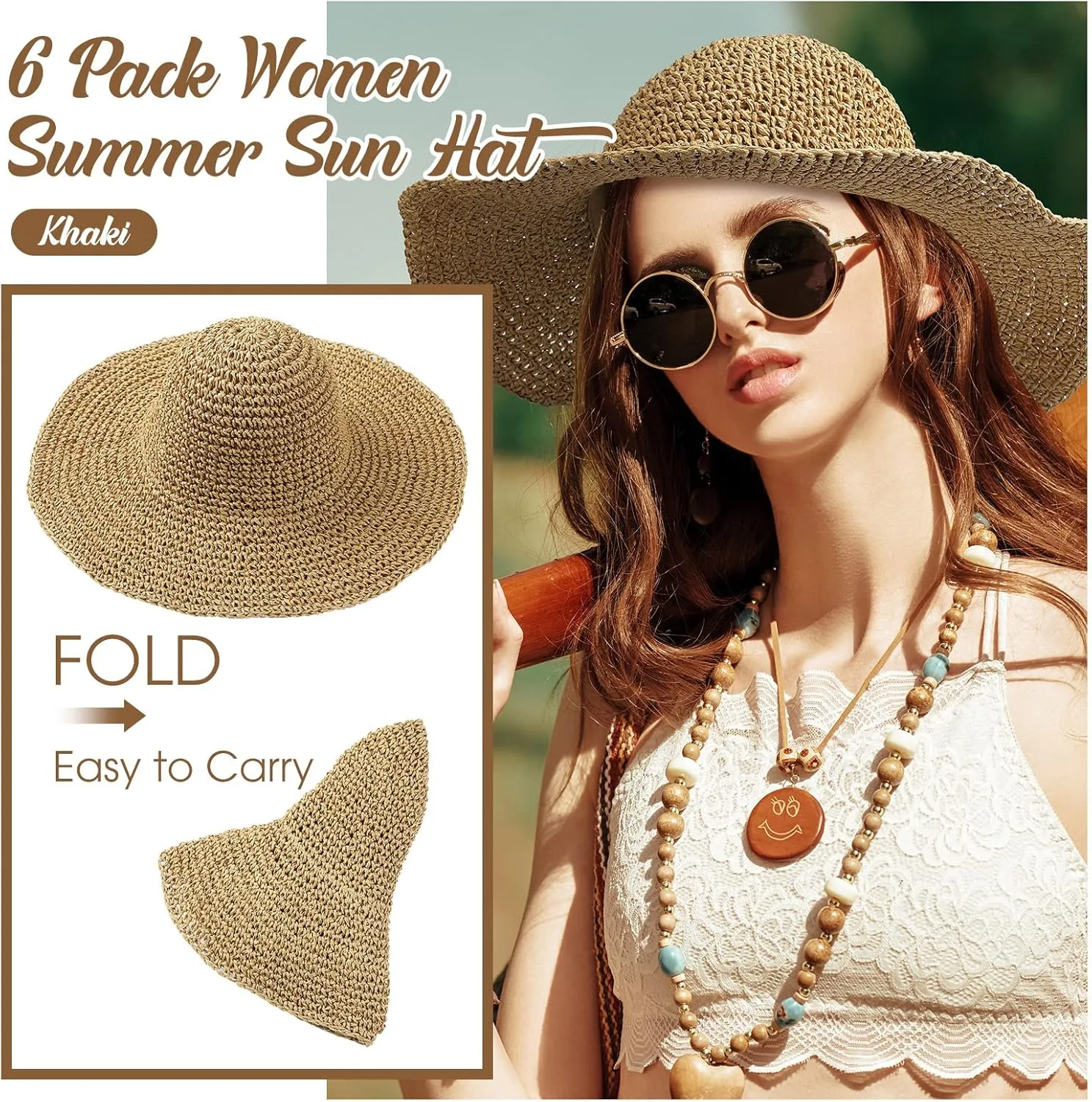 Bonuci 6 Pcs Floppy Paper Straw Sun Hat Foldable Packable Wide Brim Scarecrow Hat Breathable Crochet Bucket Beach Hat