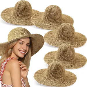 Bonuci 6 Pcs Floppy Paper Straw Sun Hat Foldable Packable Wide Brim Scarecrow Hat Breathable Crochet Bucket Beach Hat