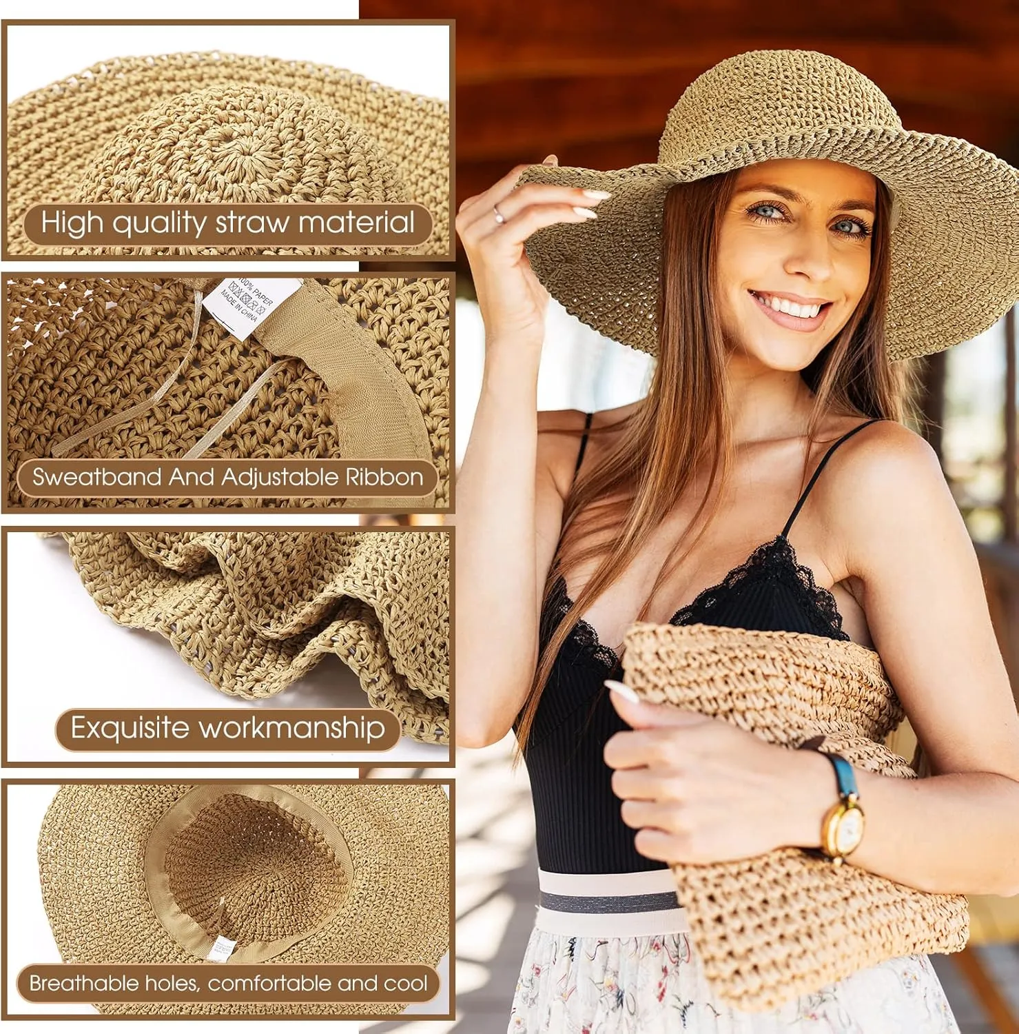 Bonuci 6 Pcs Floppy Paper Straw Sun Hat Foldable Packable Wide Brim Scarecrow Hat Breathable Crochet Bucket Beach Hat