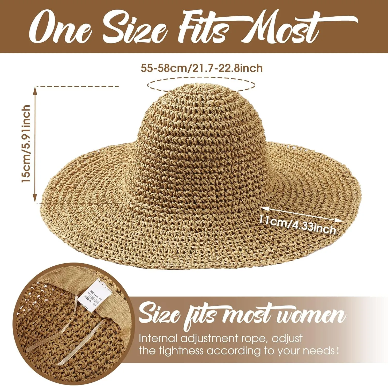 Bonuci 6 Pcs Floppy Paper Straw Sun Hat Foldable Packable Wide Brim Scarecrow Hat Breathable Crochet Bucket Beach Hat