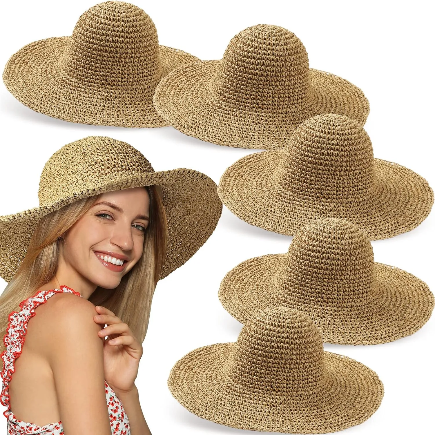 Bonuci 6 Pcs Floppy Paper Straw Sun Hat Foldable Packable Wide Brim Scarecrow Hat Breathable Crochet Bucket Beach Hat