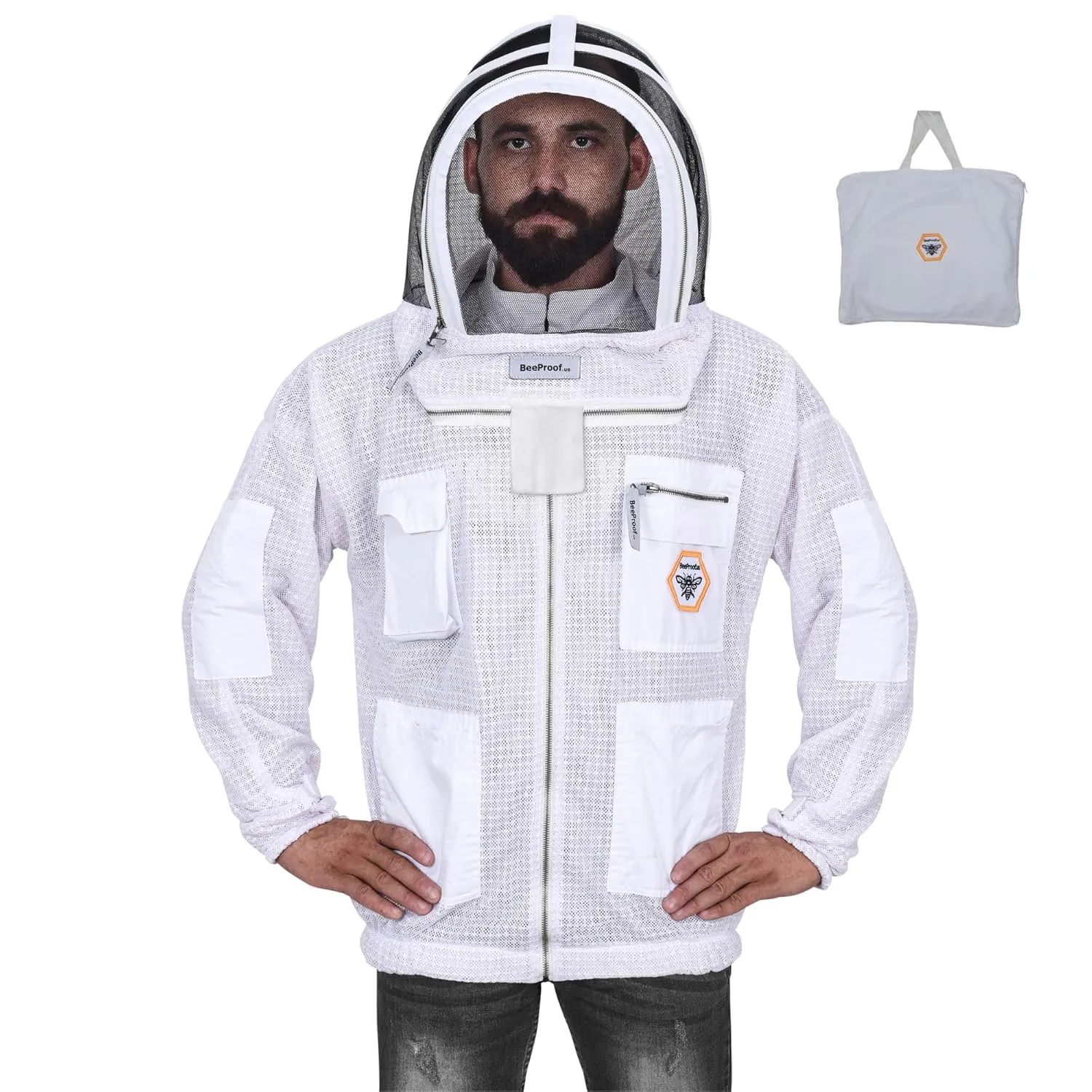 BP-301 Beekeeping Jacket with Veil, 3-Layer Ultra Ventilated Suit for Full Protection, Safety Fencing, YKK Zippers, and Carrying Bag (White Fencing Veil, Small)