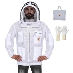 BP-301 Beekeeping Jacket with Veil, 3-Layer Ultra Ventilated Suit for Full Protection, Safety Fencing, YKK Zippers, and Carrying Bag (White Fencing Veil, Small)