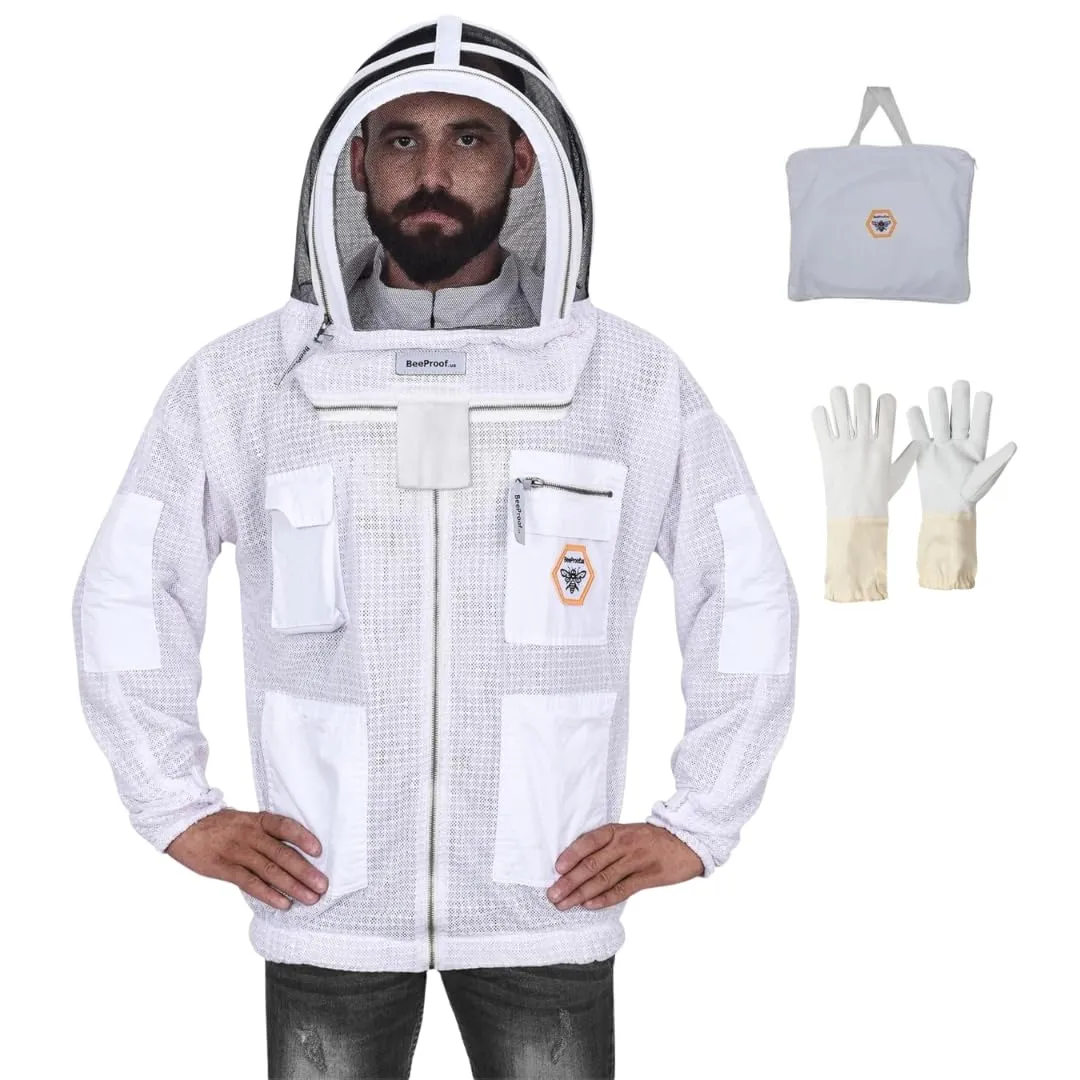 BP-301 Beekeeping Jacket with Veil, 3-Layer Ultra Ventilated Suit for Full Protection, Safety Fencing, YKK Zippers, and Carrying Bag (White Fencing Veil, Small)