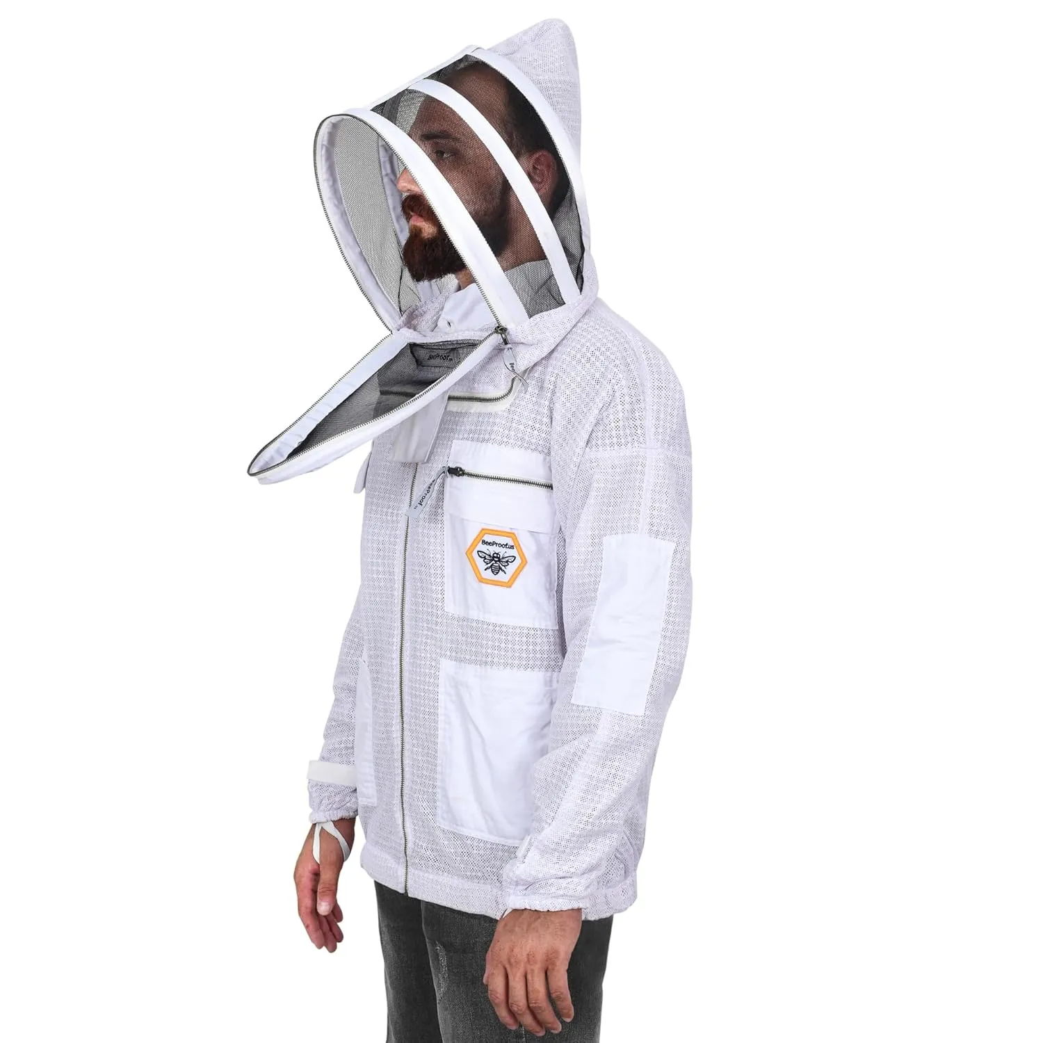 BP-301 Beekeeping Jacket with Veil, 3-Layer Ultra Ventilated Suit for Full Protection, Safety Fencing, YKK Zippers, and Carrying Bag (White Fencing Veil, Small)