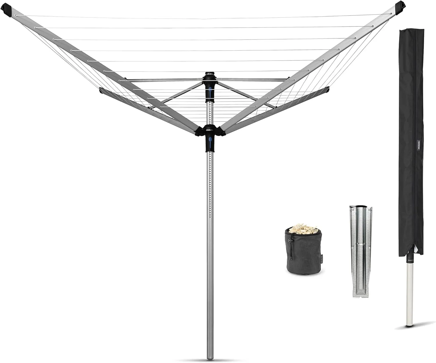 Brabantia Lift-O-Matic Advance Outdoor 4 Arm Clothesline (164 ft/Ø 1.97") Height Adjustable, Folding Clothes Drying Rack   Ground Spike, Cover   Bag of Clothespins (Gray)