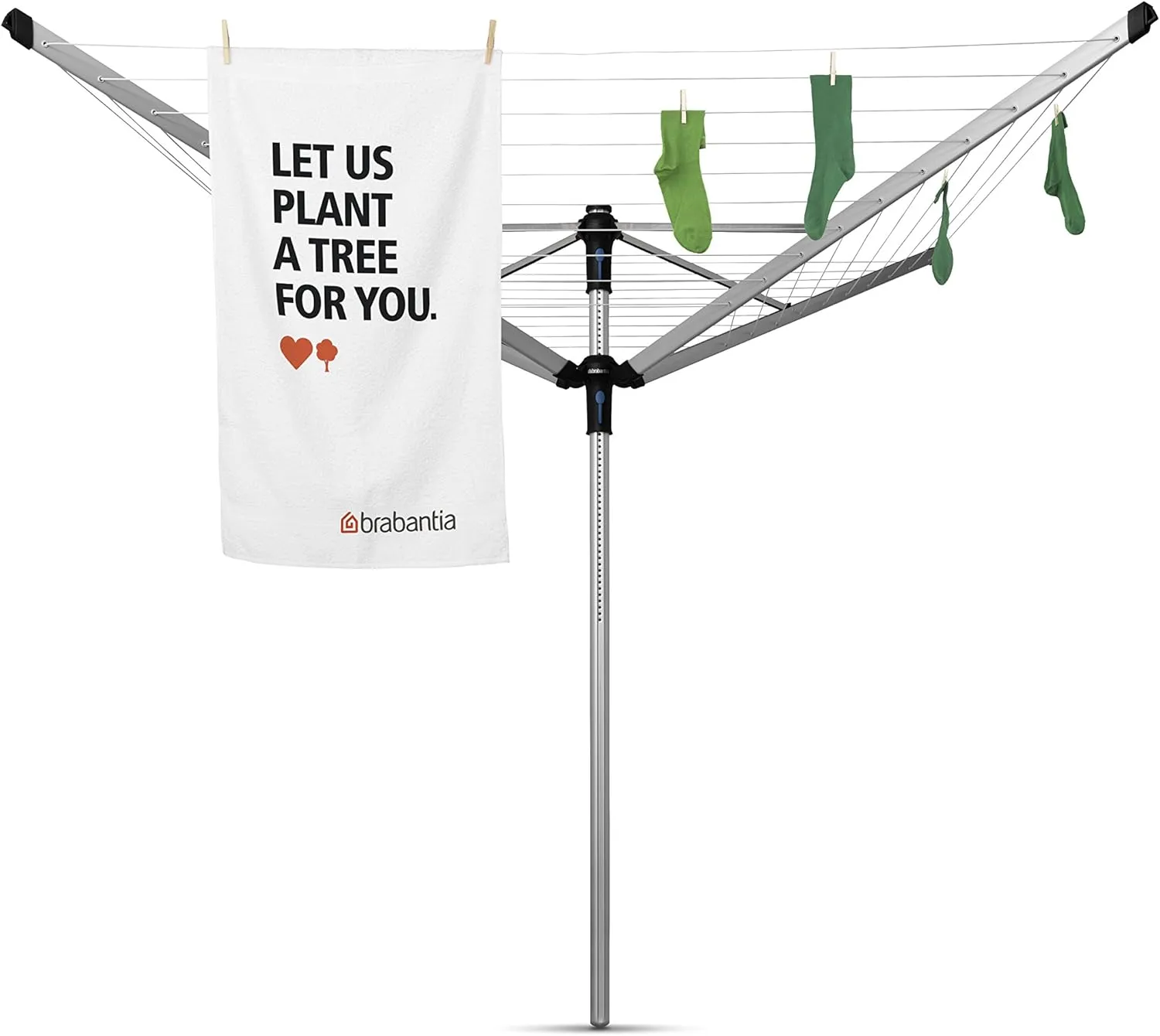 Brabantia Lift-O-Matic Advance Outdoor 4 Arm Clothesline (164 ft/Ø 1.97") Height Adjustable, Folding Clothes Drying Rack   Ground Spike, Cover   Bag of Clothespins (Gray)