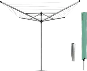 Brabantia Lift-O-Matic Outdoor 4 Arm Clothesline (164 ft/Ø 1.8") Height Adjustable, Folding Clothes Drying Rack   Ground Spike & Cover (Gray)