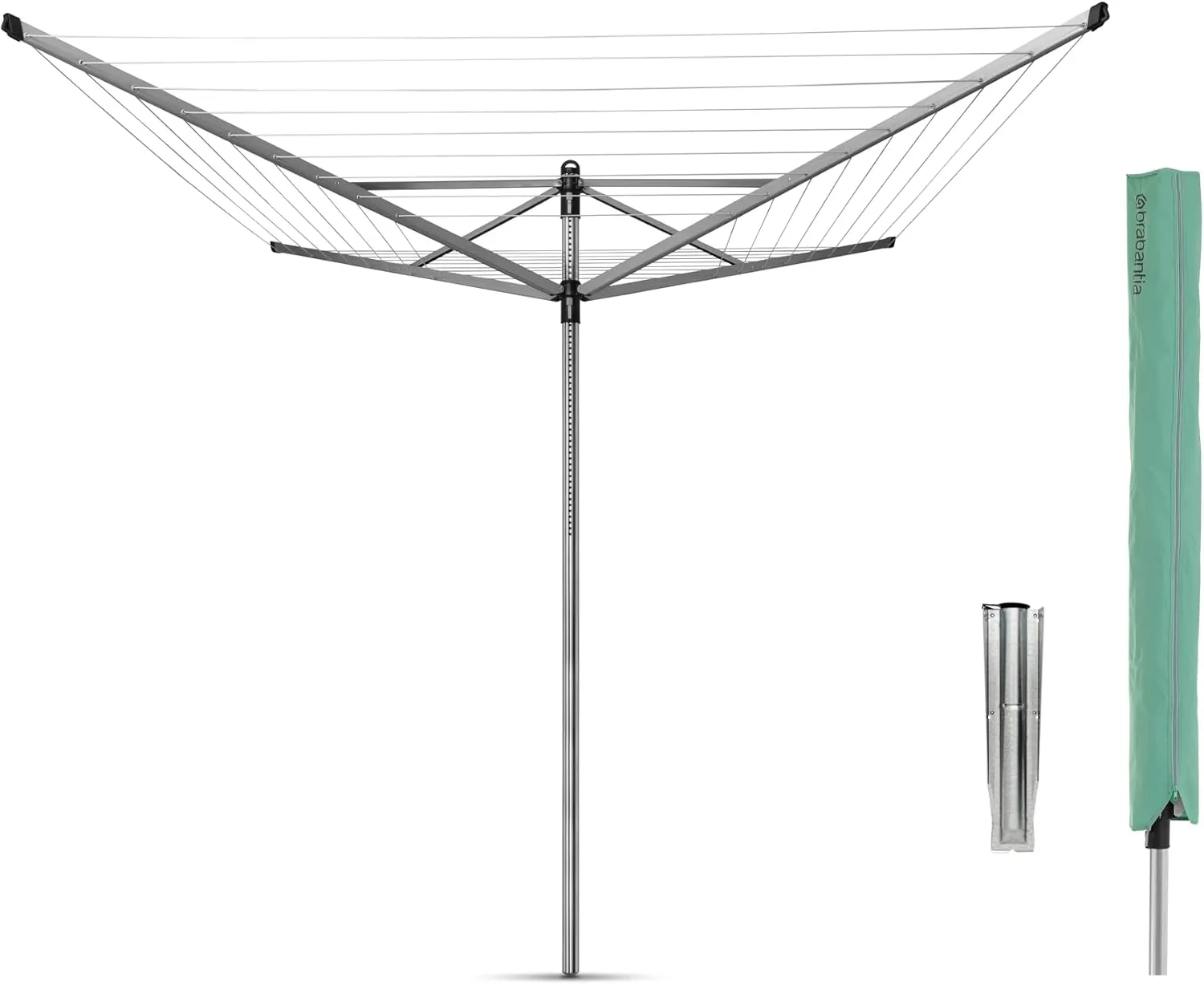 Brabantia Lift-O-Matic Outdoor 4 Arm Clothesline (164 ft/Ø 1.8") Height Adjustable, Folding Clothes Drying Rack   Ground Spike & Cover (Gray)