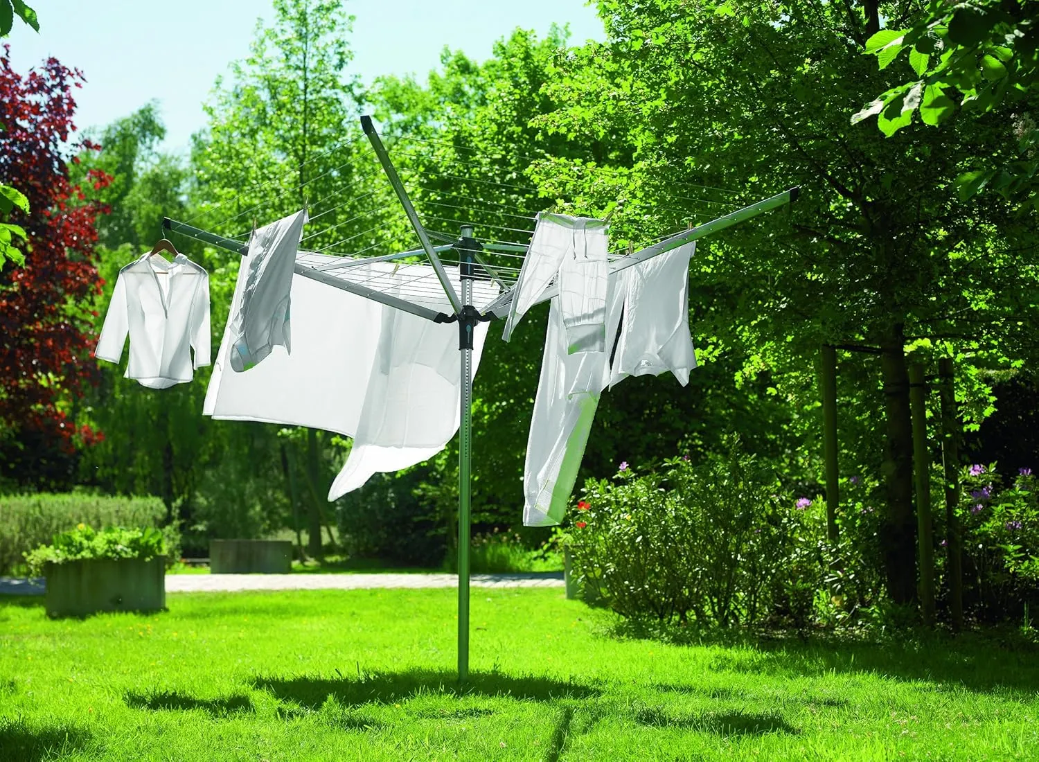 Brabantia Lift-O-Matic Outdoor 4 Arm Clothesline (164 ft/Ø 1.8") Height Adjustable, Folding Clothes Drying Rack   Ground Spike & Cover (Gray)