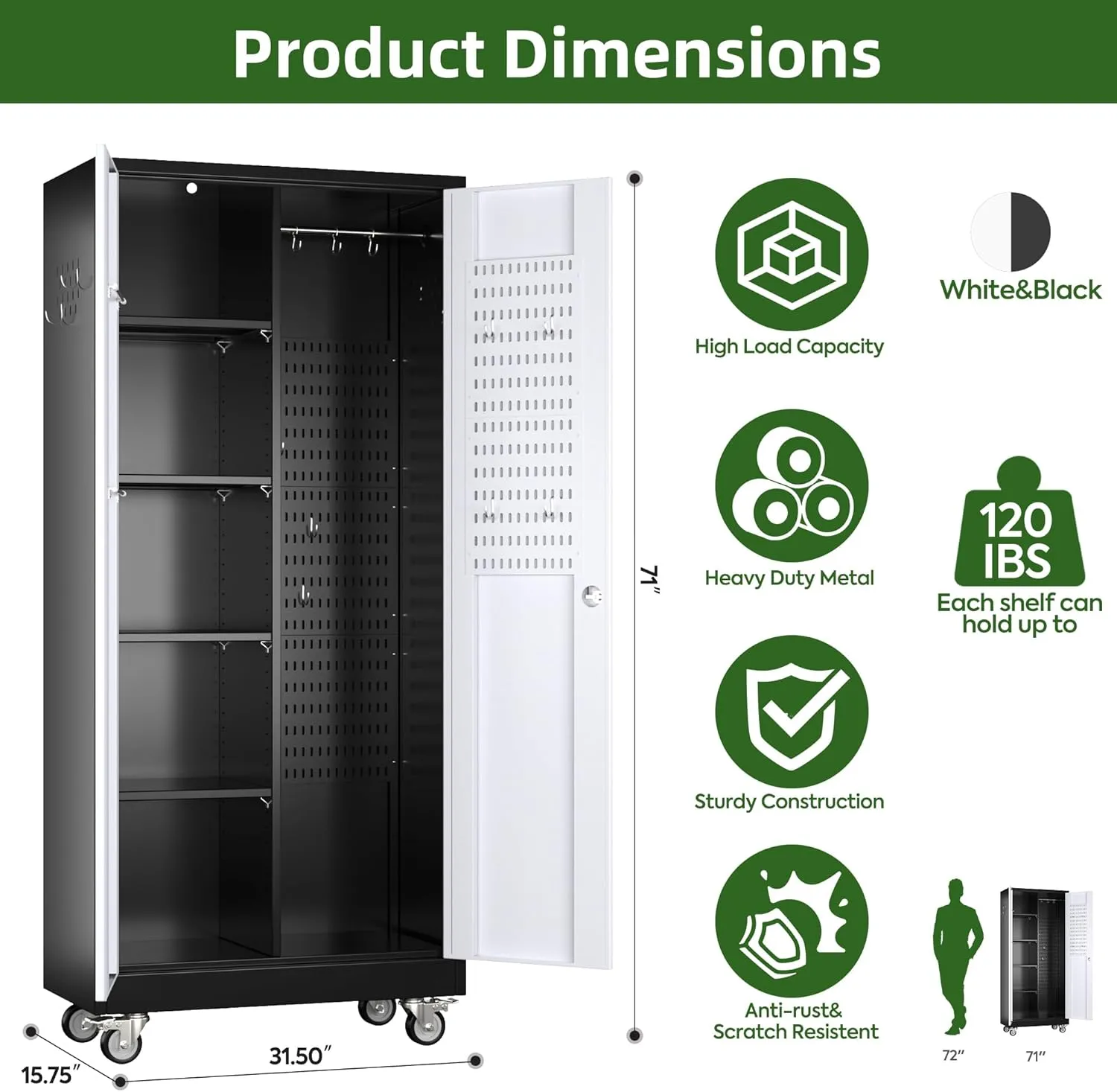 Broom Closet Storage Cabinet with Wheels and Pegboard,Metal Garage Storage Cabinet with Doors and Adjustable Shelves for Garage Home Office,Required Assembly,Black and Grey
