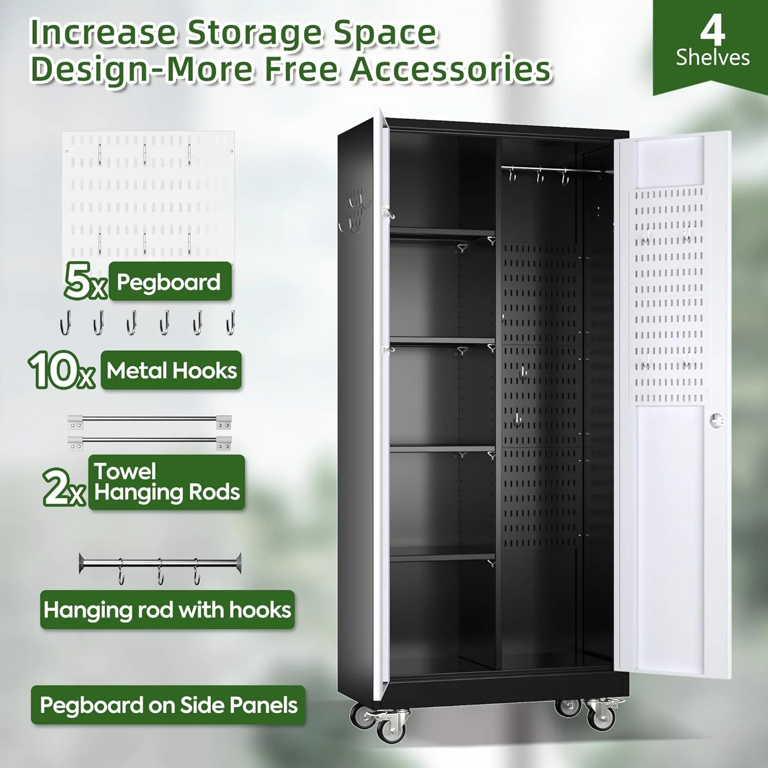 Broom Closet Storage Cabinet with Wheels and Pegboard,Metal Garage Storage Cabinet with Doors and Adjustable Shelves for Garage Home Office,Required Assembly,Black and Grey