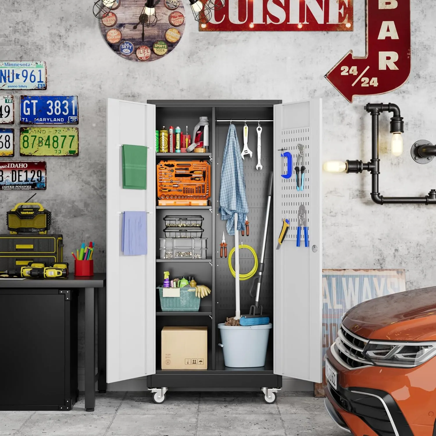 Broom Closet Storage Cabinet with Wheels and Pegboard,Metal Garage Storage Cabinet with Doors and Adjustable Shelves for Garage Home Office,Required Assembly,Black and Grey