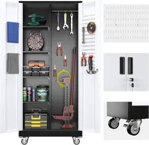 Broom Closet Storage Cabinet with Wheels and Pegboard,Metal Garage Storage Cabinet with Doors and Adjustable Shelves for Garage Home Office,Required Assembly,Black and Grey