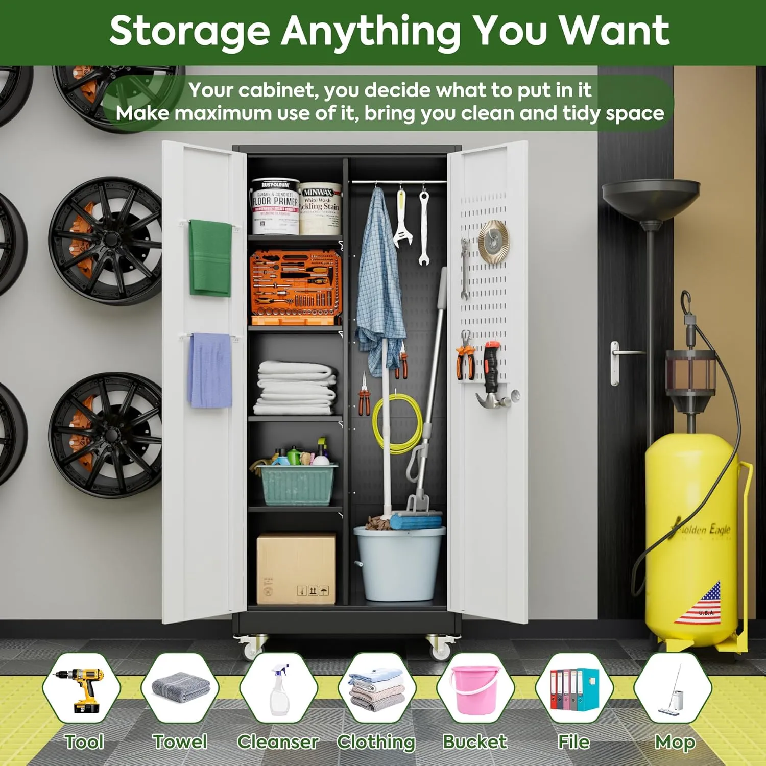 Broom Closet Storage Cabinet with Wheels and Pegboard,Metal Garage Storage Cabinet with Doors and Adjustable Shelves for Garage Home Office,Required Assembly,Black and Grey