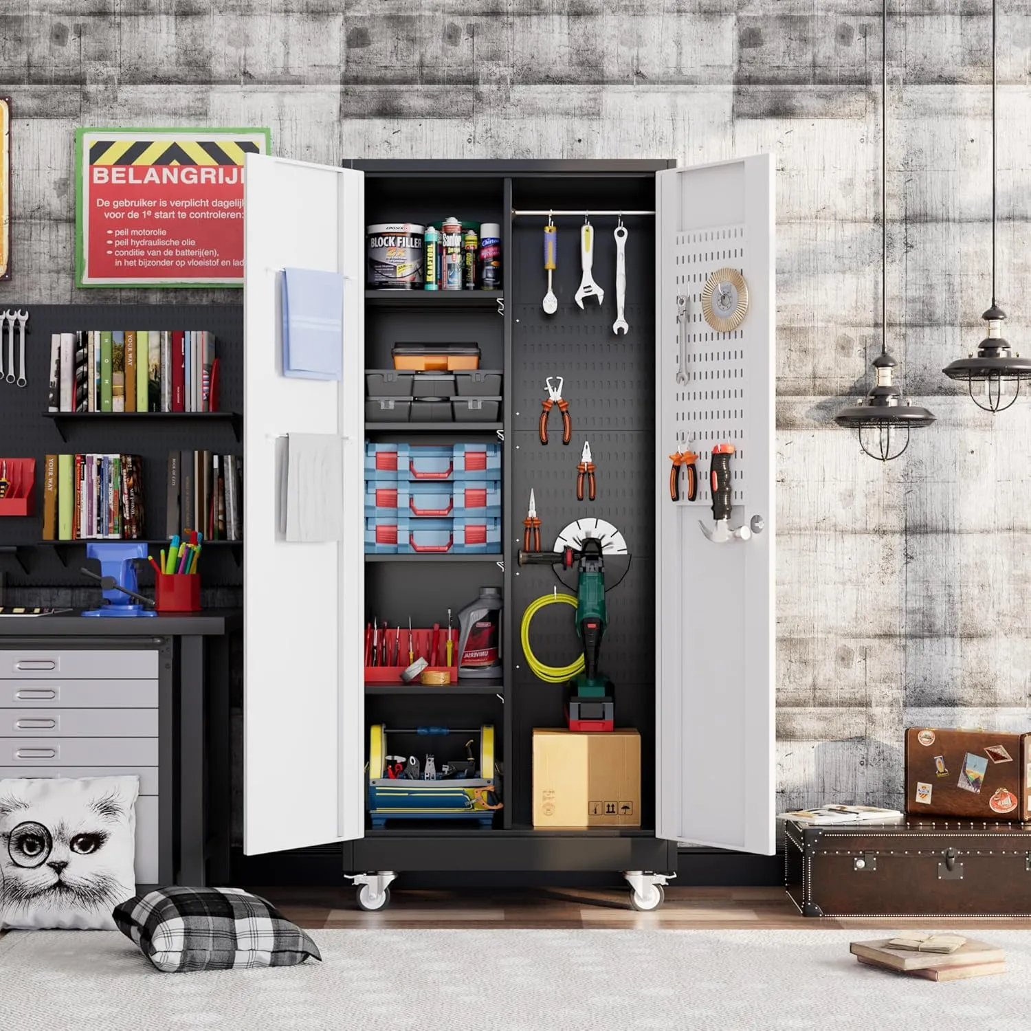 Broom Closet Storage Cabinet with Wheels and Pegboard,Metal Garage Storage Cabinet with Doors and Adjustable Shelves for Garage Home Office,Required Assembly,Black and Grey