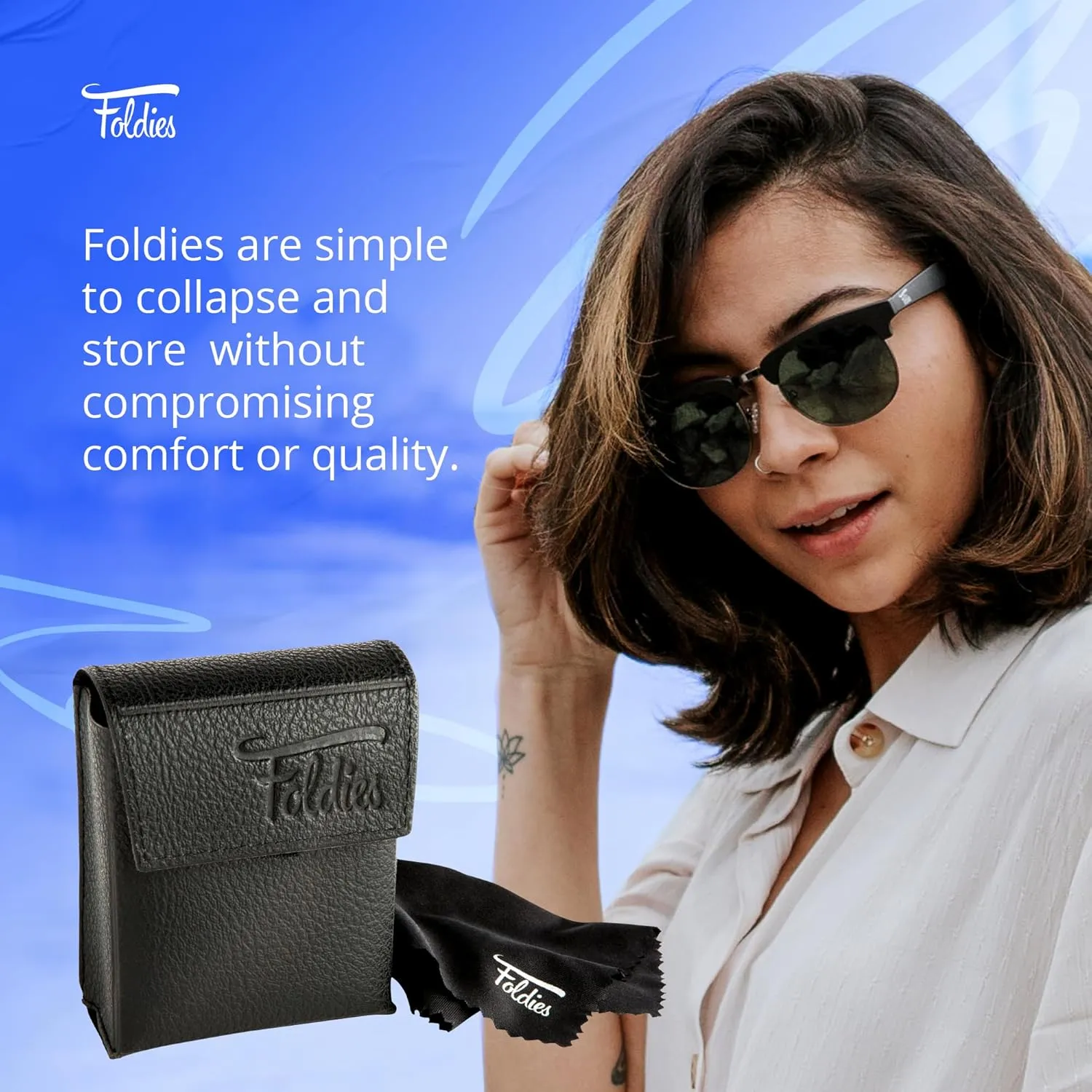 Browline Folding Sunglasses Polarized, UV400, UVA, UVB Protection for Men Women, Folding Sunglasses Leather Case