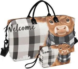 Calf Highland Cow Daisy Duffle Bag for Travel, Gym Bag with Multiple Interior Pockets for Men Women Overnight Purse Included 20.5 x 1.9 x 13.8 In