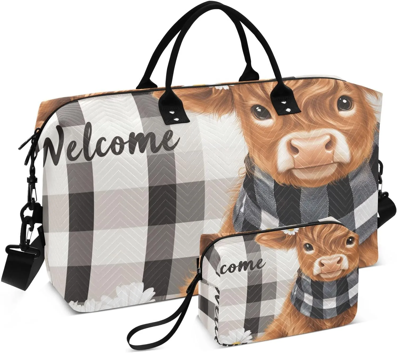 Calf Highland Cow Daisy Duffle Bag for Travel, Gym Bag with Multiple Interior Pockets for Men Women Overnight Purse Included 20.5 x 1.9 x 13.8 In