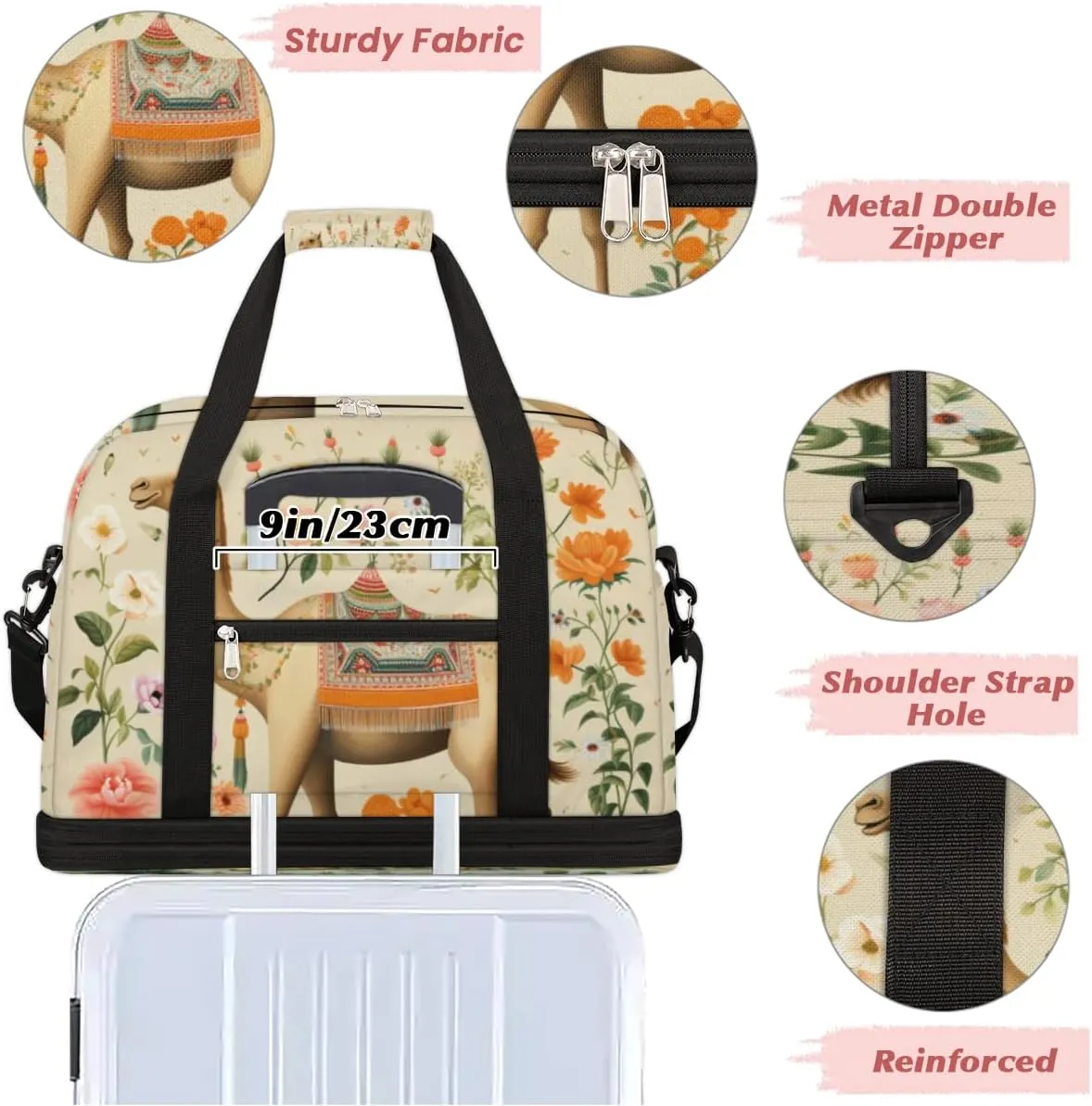 Camel Foldable Travel Duffel Bag Overnight Weekender Bag with Shoes Compartment Sports Gym Bag for Men Women