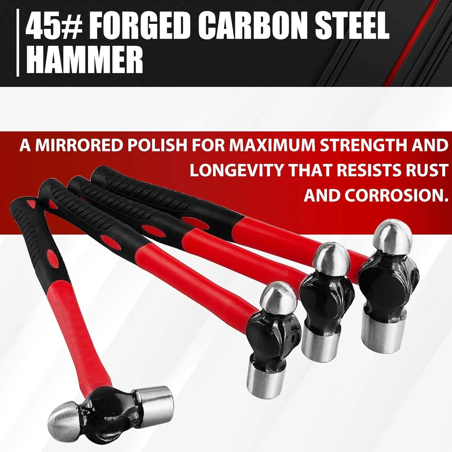 C&T 4-Piece Hammer Set, 8 12 16 24oz, Fiberglass Handle hammer for Ball Peen, Blow Striking Ball Pein Hammer Handle Tool with Forged Steel Construction & Shock Reduction Grip for Metal Working