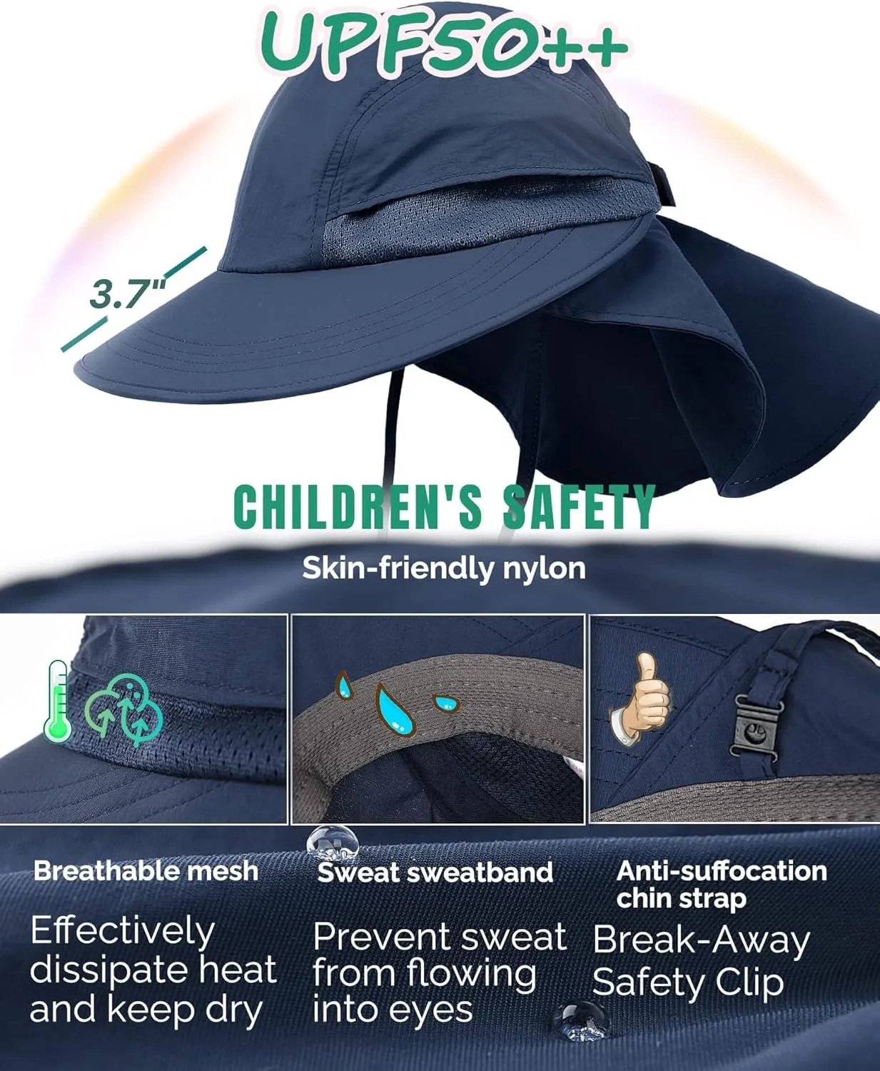 Camptrace Toddler Kids Sun Hats with Neck Flap UPF 50  UV Protection Wide Rigid Brim Boys Girls Beach Swim Sunhat