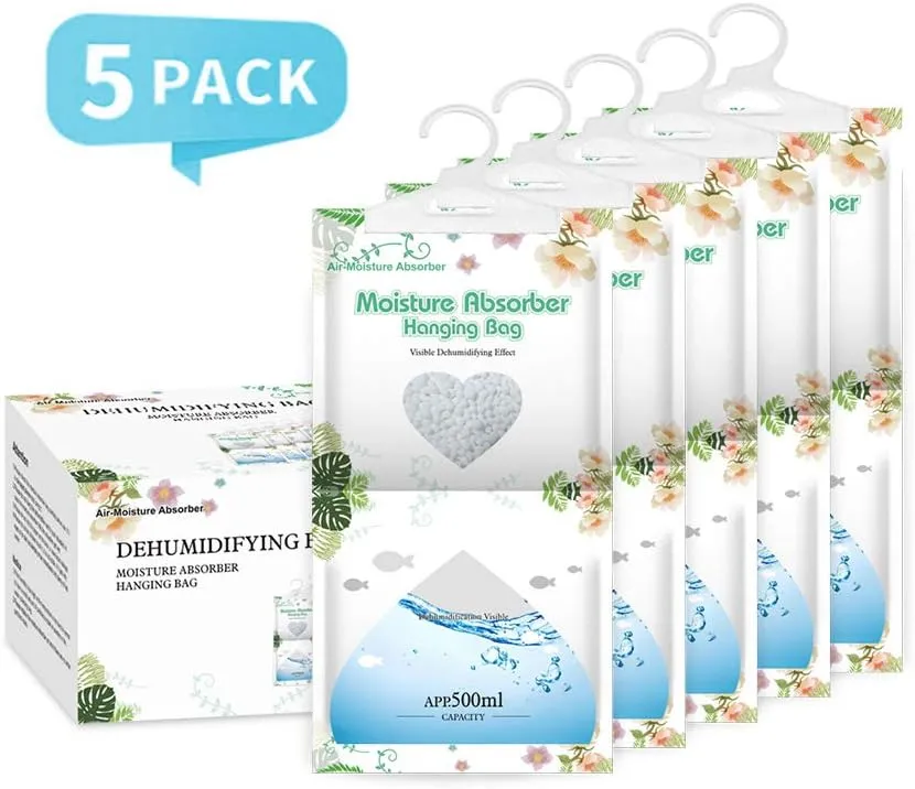 CANAGER Hanging Moisture Absorber,Hanging Dehumidifier Bags for Closet,Bedroom and Kitchen,Fragrance Free-5 Packs,Moisture Absorb 12.5OZ