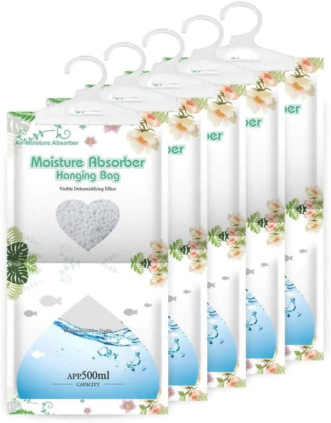 CANAGER Hanging Moisture Absorber,Hanging Dehumidifier Bags for Closet,Bedroom and Kitchen,Fragrance Free-5 Packs,Moisture Absorb 12.5OZ