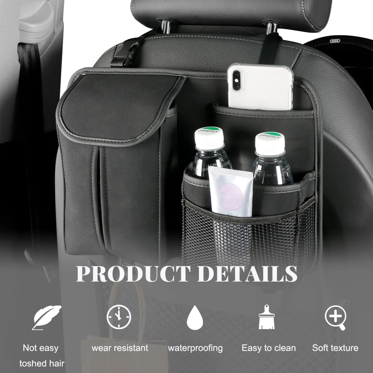 Car Back Seat Organizer, Multi Pockets Car Hanging Seat Back Headrest Organizer with Hook, Durable Car Seat Storage Bag, Universal Travel Accessories with Tissue Box Net Pocket (Black)