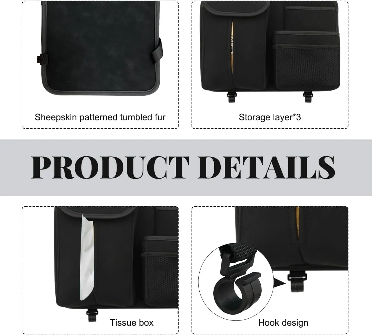 Car Back Seat Organizer, Multi Pockets Car Hanging Seat Back Headrest Organizer with Hook, Durable Car Seat Storage Bag, Universal Travel Accessories with Tissue Box Net Pocket (Black)