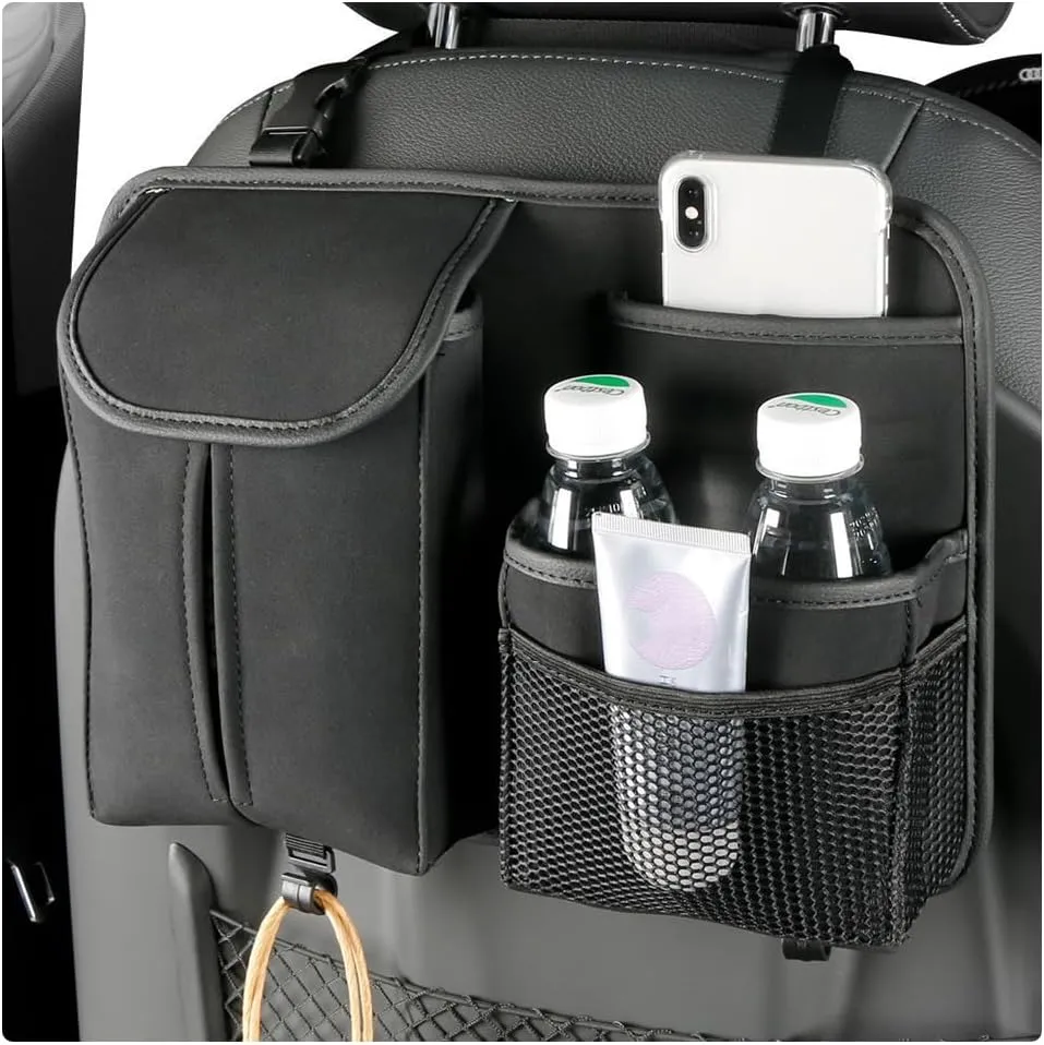 Car Back Seat Organizer, Multi Pockets Car Hanging Seat Back Headrest Organizer with Hook, Durable Car Seat Storage Bag, Universal Travel Accessories with Tissue Box Net Pocket (Black)