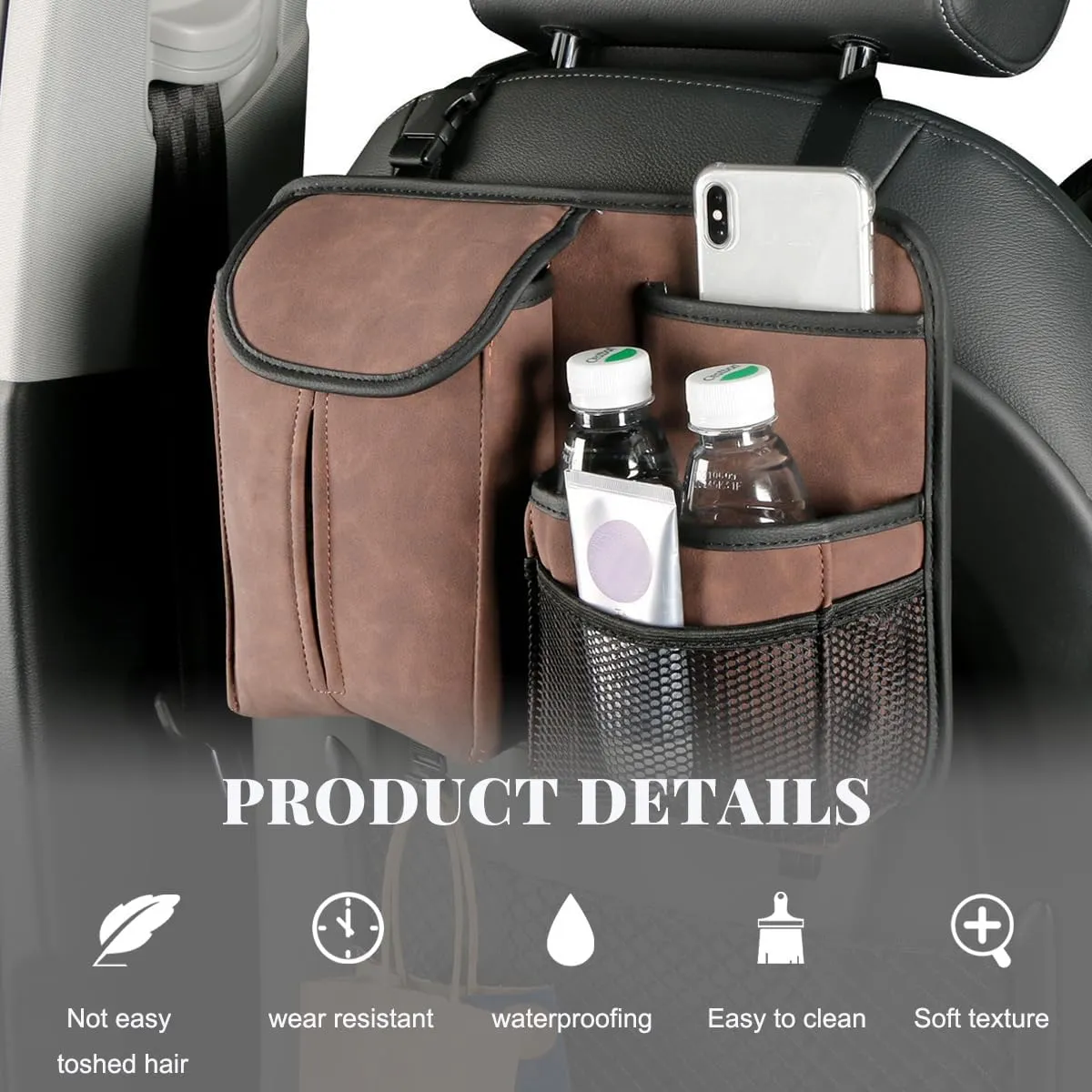 Car Back Seat Organizer, Multi Pockets Car Hanging Seat Back Headrest Organizer with Hook, Durable Car Seat Storage Bag, Universal Travel Accessories with Tissue Box Net Pocket (Coffee)