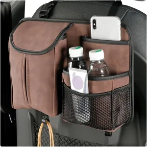 Car Back Seat Organizer, Multi Pockets Car Hanging Seat Back Headrest Organizer with Hook, Durable Car Seat Storage Bag, Universal Travel Accessories with Tissue Box Net Pocket (Coffee)