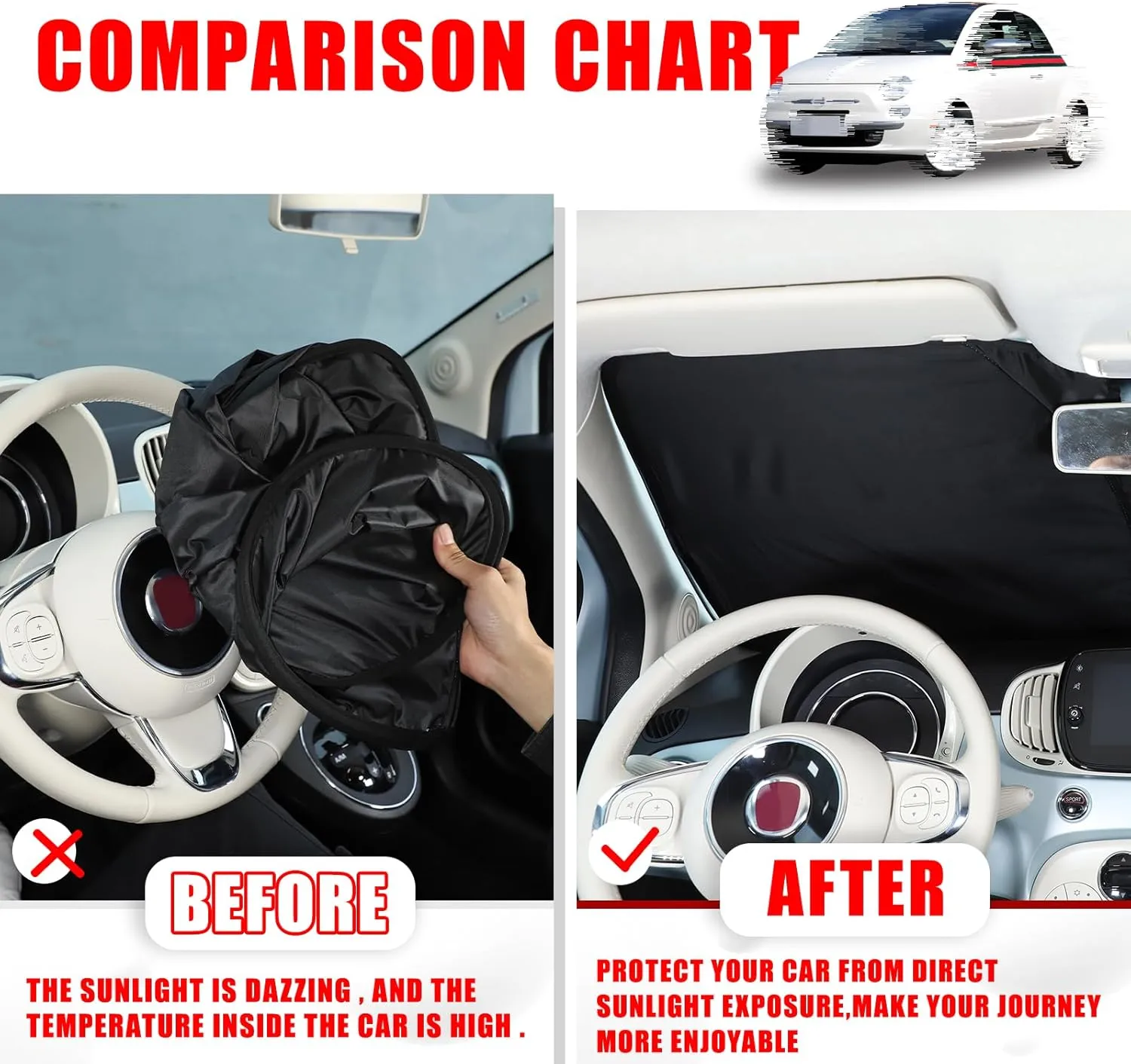 Car Front Windshield Sunshade Compatible with Fiat 500 2010-2024 Abarth 595 2014-2024 Front Window Sun Shade, Foldable Reflective Sun Visor,Blocks UV Rays Sun Visor Protector Heat Shield (Style C)