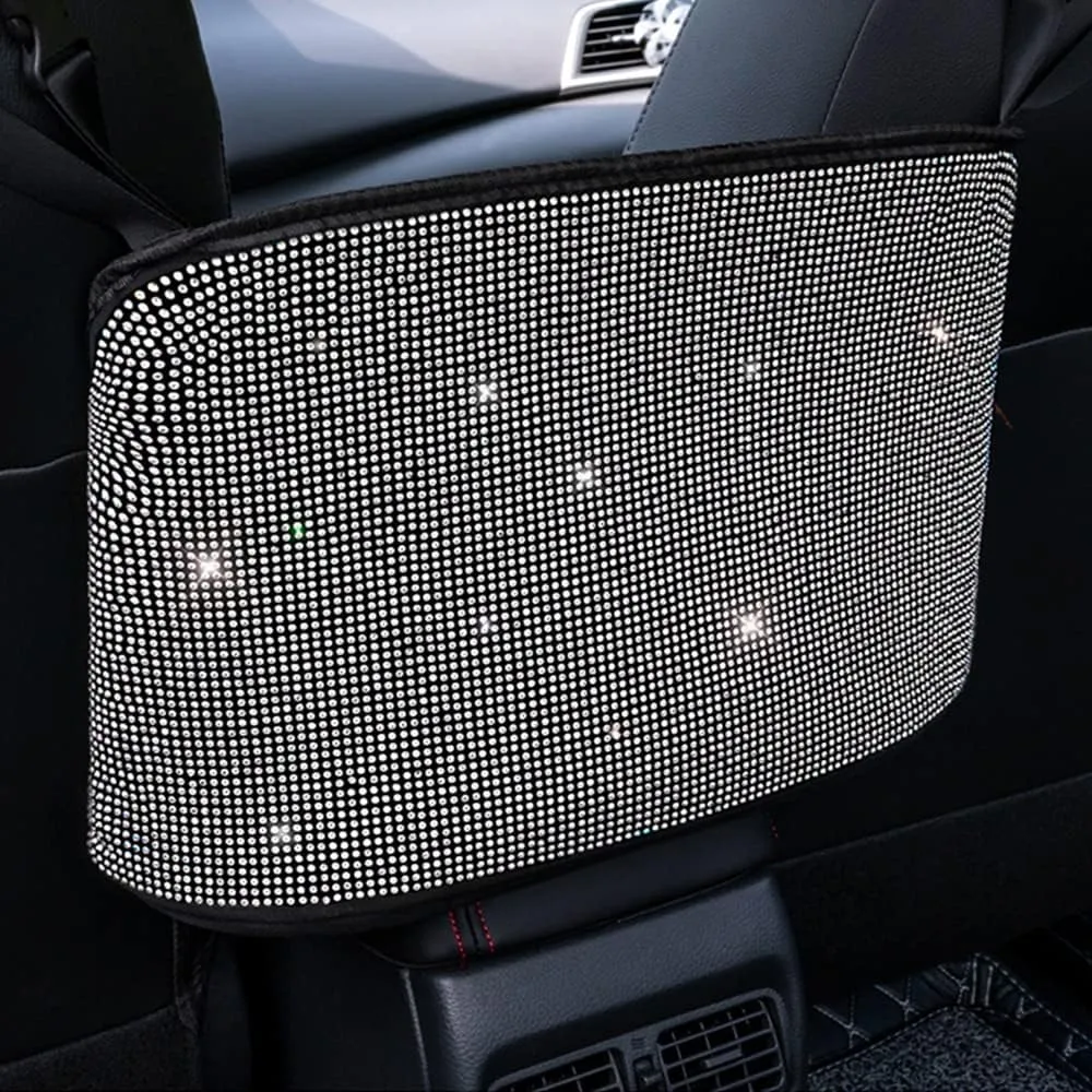 Car Net Pocket Handbag Holder Between Seat Back Organizer, Purse Holder for Console Front Seat Storage Barrier, Rhinestone Car Storage Organizer Between Front Seats, White