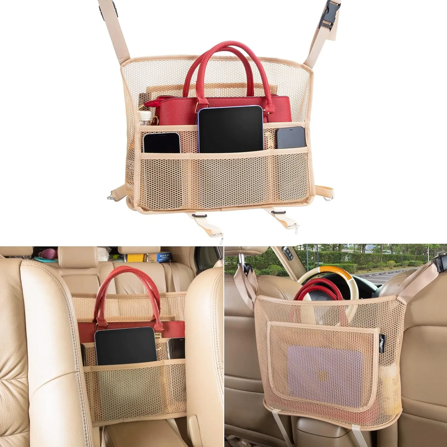 Car Organizer Mesh Bag, Purse Holder, Net Pocket, Automotive Console, Back Seat Pets Kids Barrier, Handbag Storage for Women, Beige