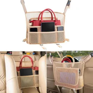 Car Organizer Mesh Bag, Purse Holder, Net Pocket, Automotive Console, Back Seat Pets Kids Barrier, Handbag Storage for Women, Beige