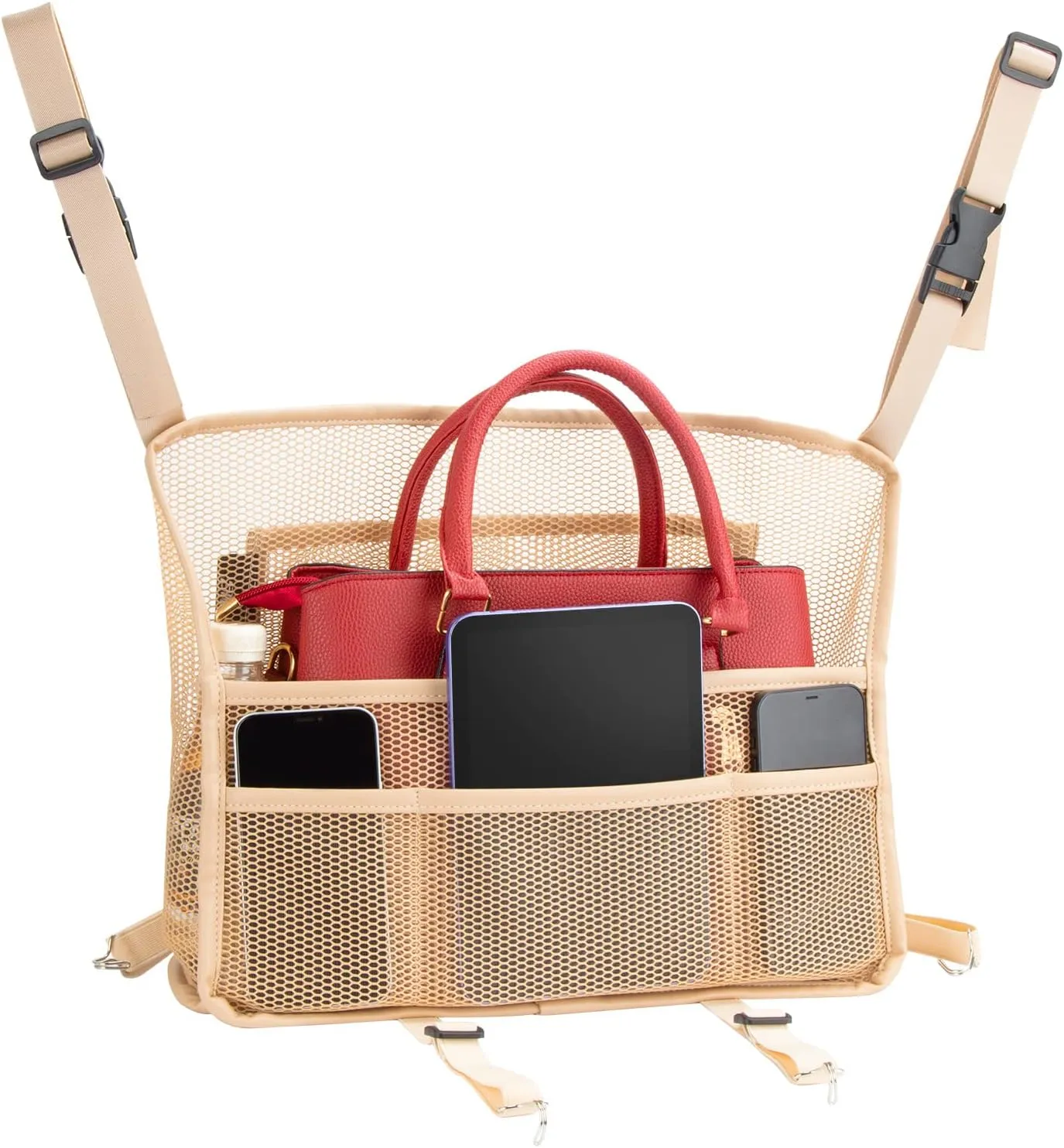 Car Organizer Mesh Bag, Purse Holder, Net Pocket, Automotive Console, Back Seat Pets Kids Barrier, Handbag Storage for Women, Beige