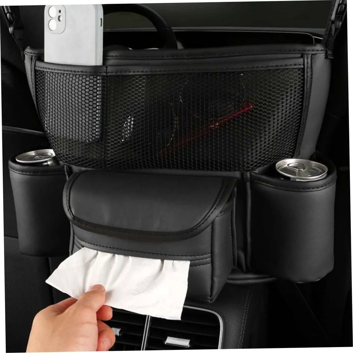 Car Storage Bag Between Seats Netting Pocket Car Handbag Holder Car Boot Organiser Storage Auto Interior Boot Tidy for Car Black