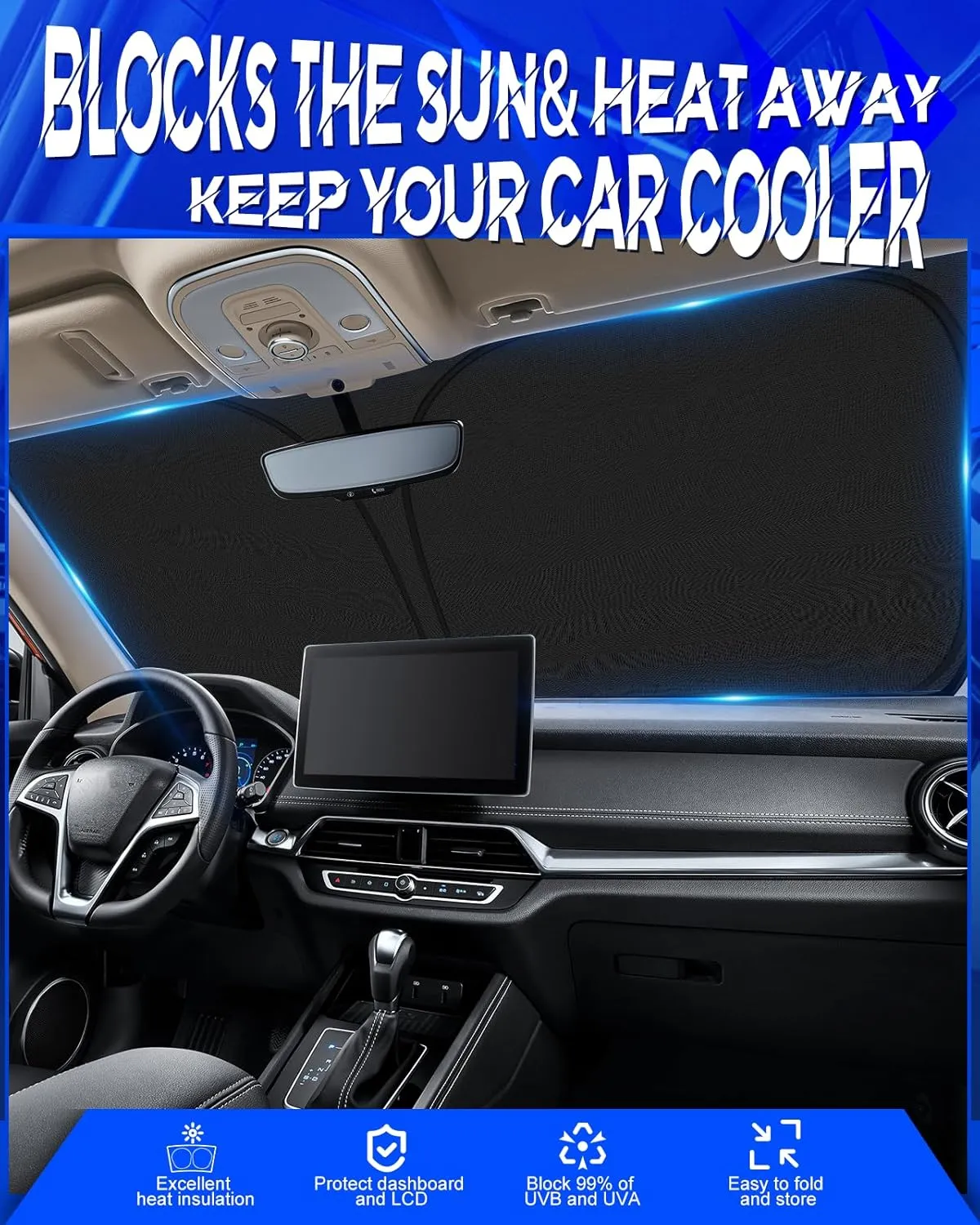 Car Windshield Sun Shade Compatible with Hyu-ndai Kona 2018-2023 Accessories, Foldable Window Sunshade Block UV Rays and Sun Heat