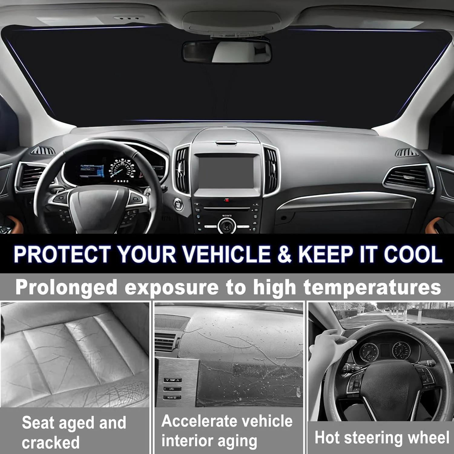 Car Windshield Sun Shade for 2015-2024 Ford Edge Front Window Sun Visor Professional 310T Reflective Polyester UV Protection Keep Interior Cool Foldable Sunshade with Storage Pouch