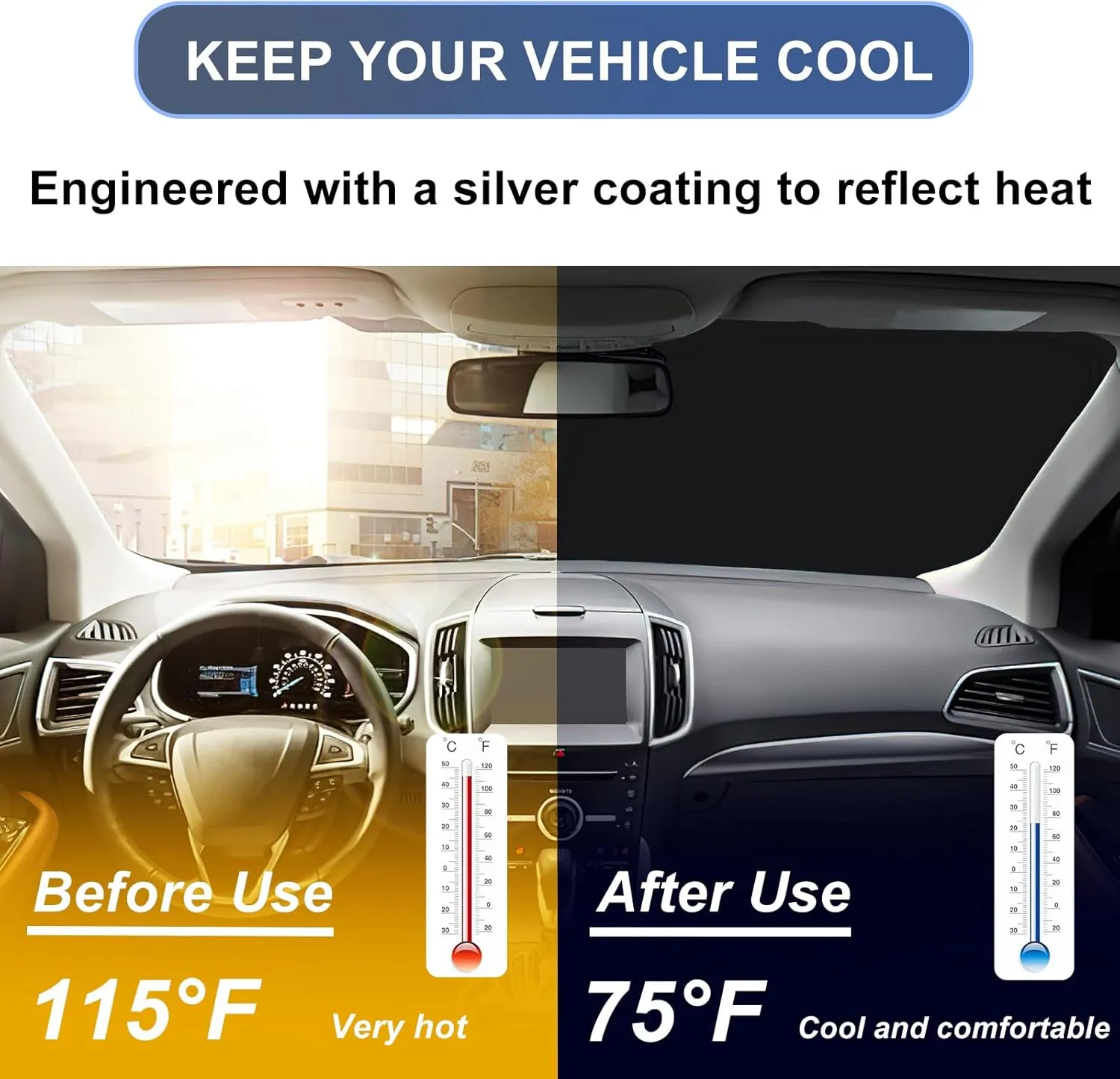Car Windshield Sun Shade for 2015-2024 Ford Edge Front Window Sun Visor Professional 310T Reflective Polyester UV Protection Keep Interior Cool Foldable Sunshade with Storage Pouch