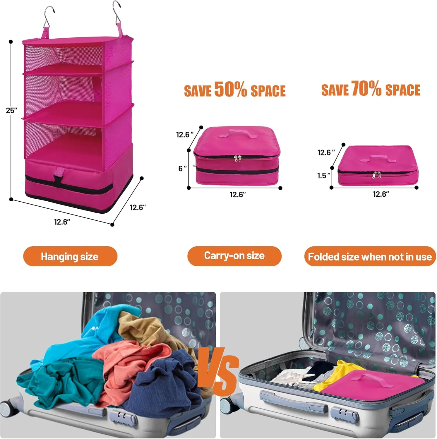 Caroeas Portable Hanging Travel Shelves Bag Suitcase Organizer Carry-on Closet Packing Cubes for Travel, 4-Shelf Suitcase Closet with 2 Hooks, Large Capacity, Red