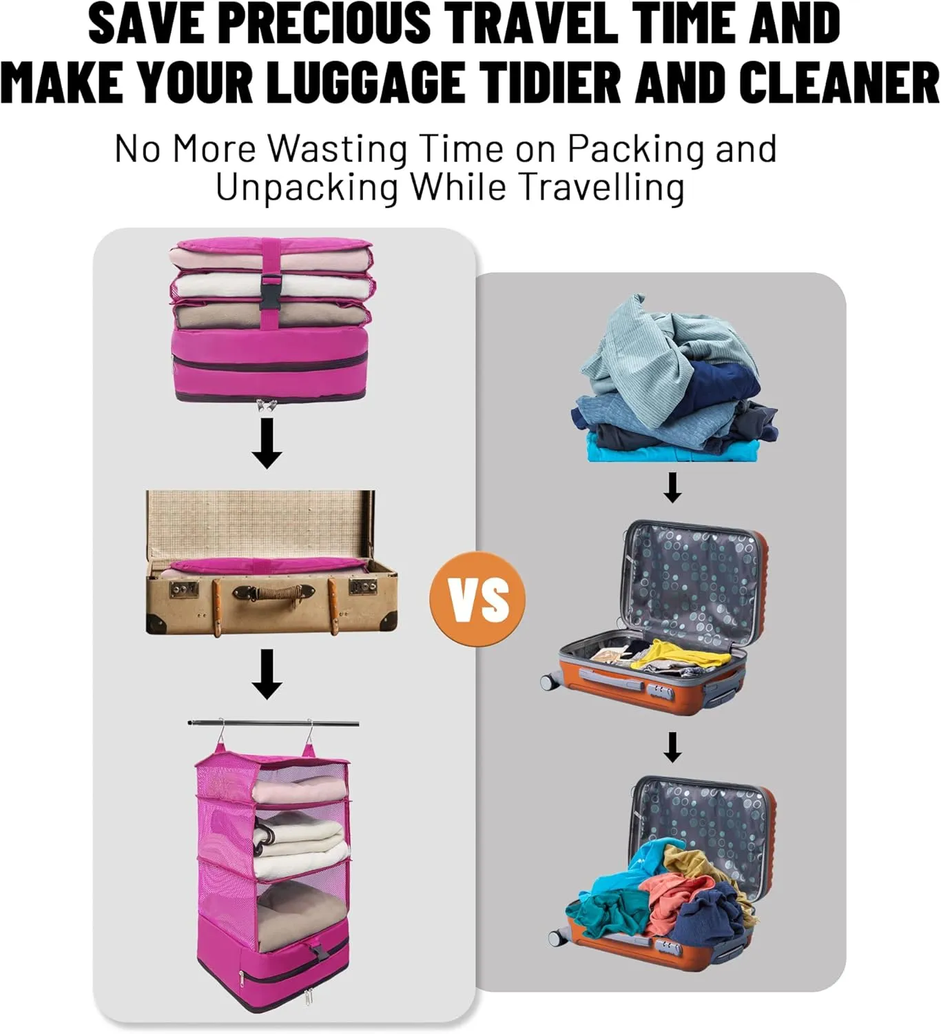 Caroeas Portable Hanging Travel Shelves Bag Suitcase Organizer Carry-on Closet Packing Cubes for Travel, 4-Shelf Suitcase Closet with 2 Hooks, Large Capacity, Red