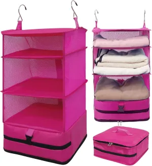 Caroeas Portable Hanging Travel Shelves Bag Suitcase Organizer Carry-on Closet Packing Cubes for Travel, 4-Shelf Suitcase Closet with 2 Hooks, Large Capacity, Red
