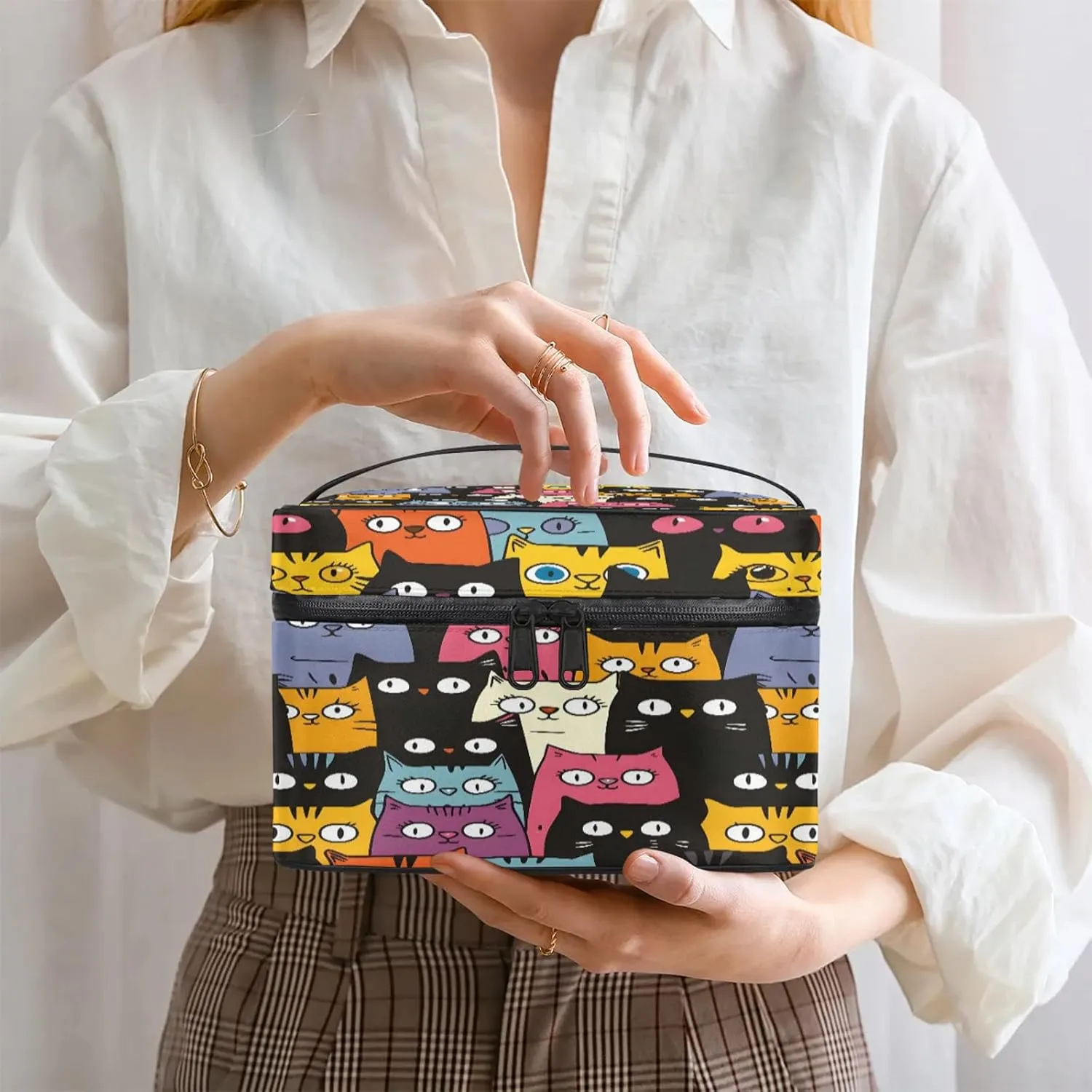 Cat Pattern Travel Toiletry Bag Large Capacity Makeup Case Organizer with Handle Cosmetic Case for Women Girls