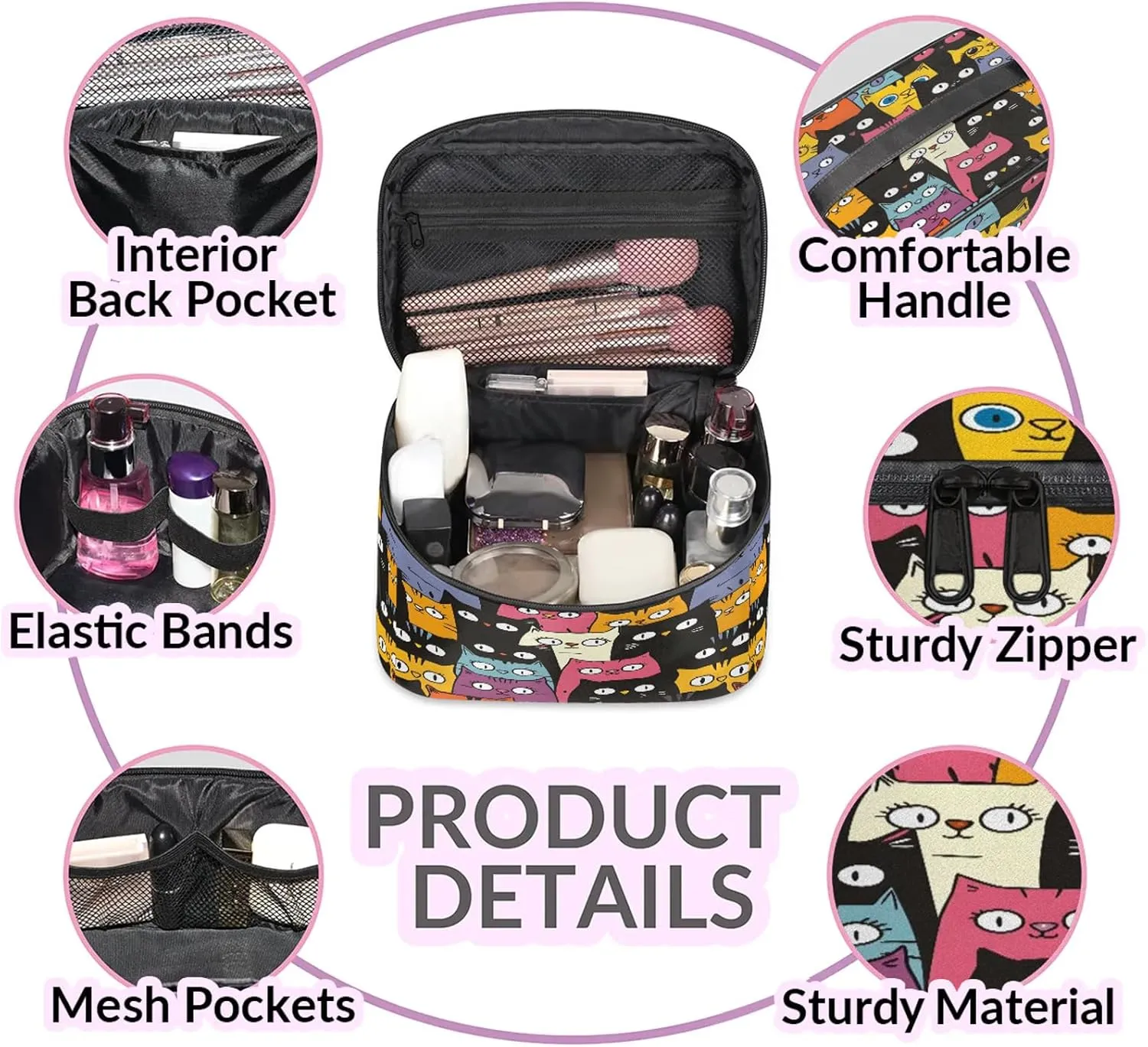 Cat Pattern Travel Toiletry Bag Large Capacity Makeup Case Organizer with Handle Cosmetic Case for Women Girls