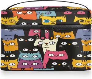 Cat Pattern Travel Toiletry Bag Large Capacity Makeup Case Organizer with Handle Cosmetic Case for Women Girls