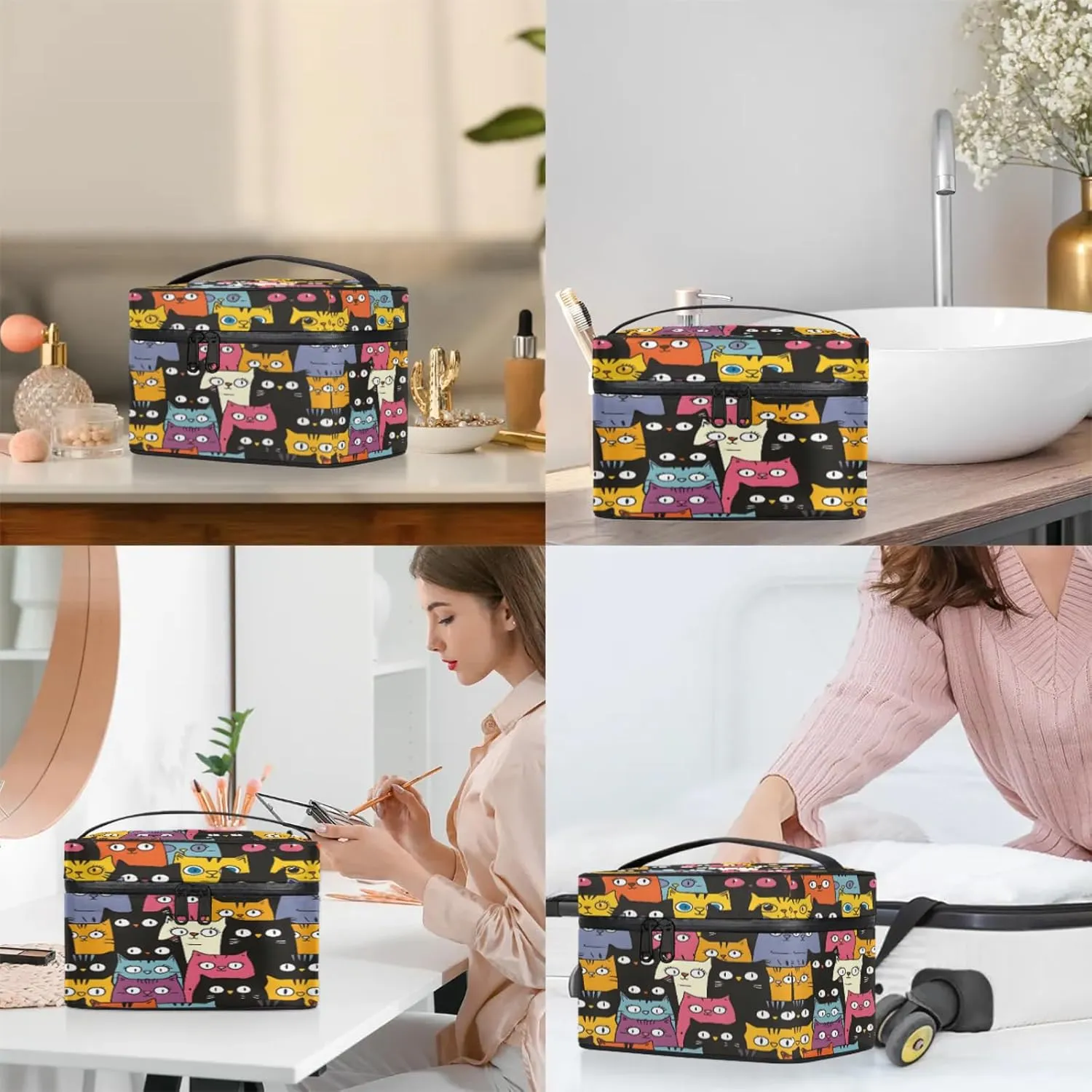 Cat Pattern Travel Toiletry Bag Large Capacity Makeup Case Organizer with Handle Cosmetic Case for Women Girls