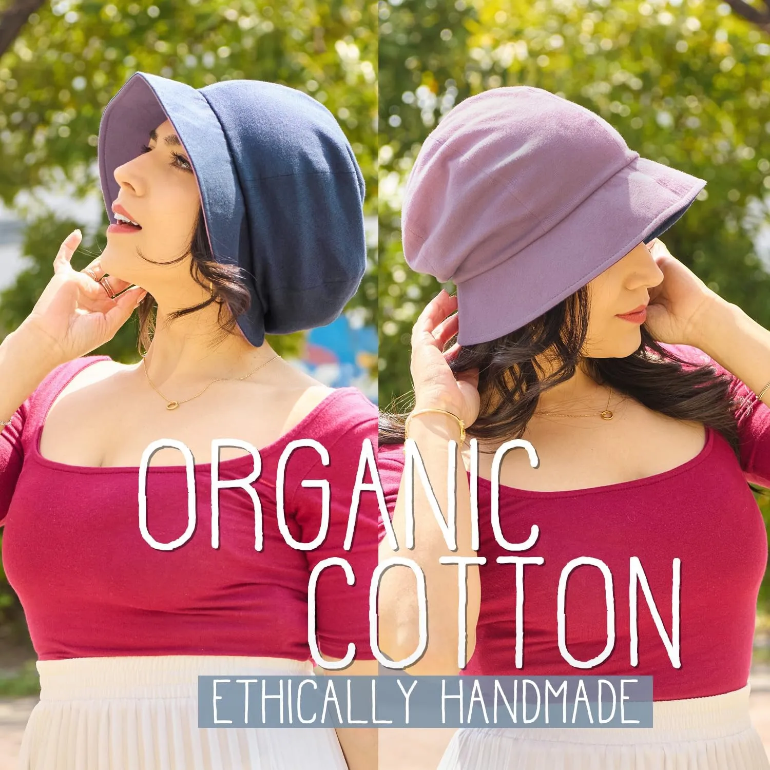 CHARM Women Cotton Sun Hat - Organic Summer Bucket Reversible Chemo Cap Foldable